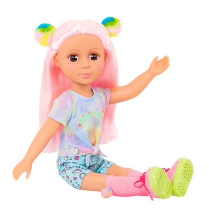 14-inch posable doll with pink hair and brown eyes with extension