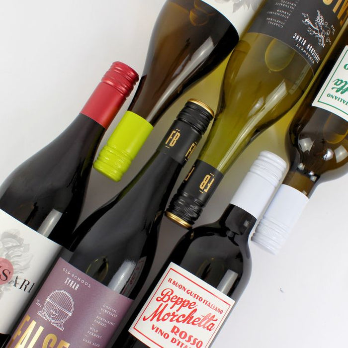 Favourite easy drinkers collection of wine bottles with various labels on a white background