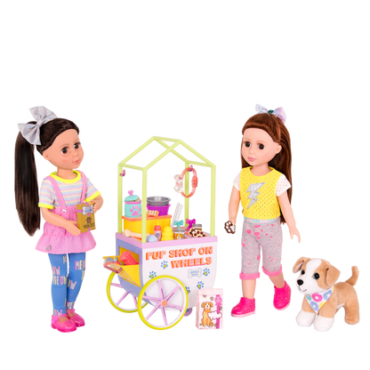 Two 14-inch dolls and chihuahua dog plushie with toy pet shop cart