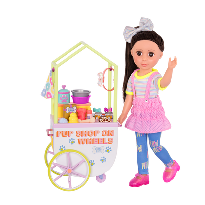 Two 14-inch dolls and chihuahua dog plushie with toy pet shop cart