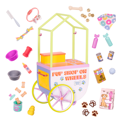 Two 14-inch dolls and chihuahua dog plushie with toy pet shop cart