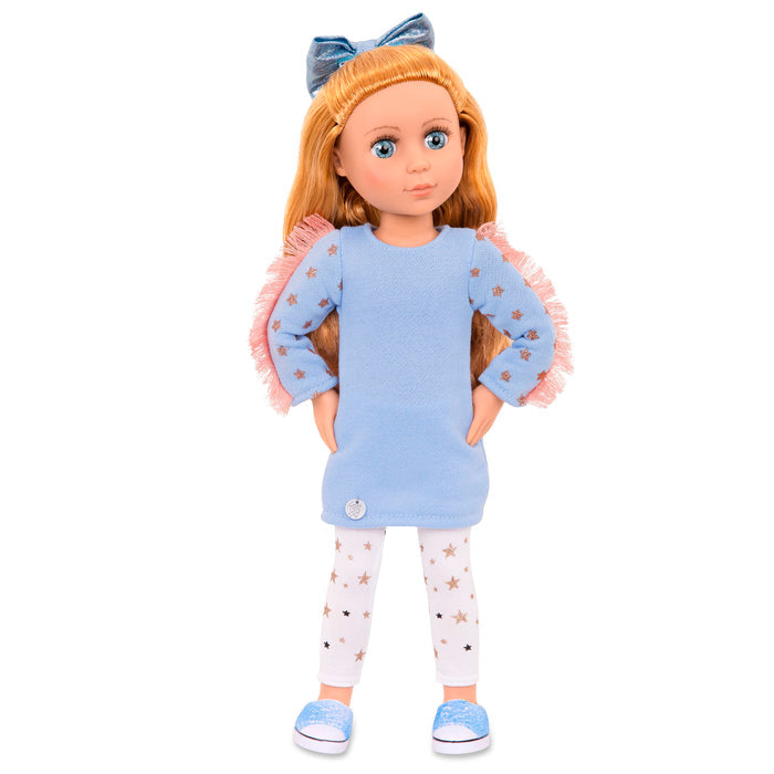 14-inch posable doll with copper hair and blue eyes