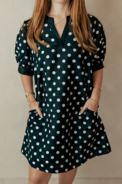 Puff Sleeve Polka Dot Dress Black/White