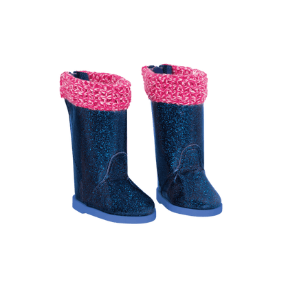 Blue glitter rain boots for 14-inch doll