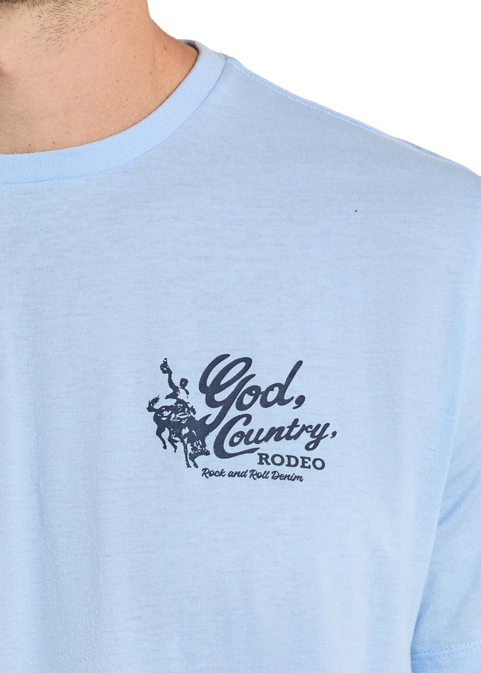 Rock & Roll Denim Unisex God, Country, Rodeo Graphic T-Shirt in Baby Blue