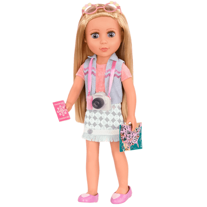 14-inch doll wearing travel accessories