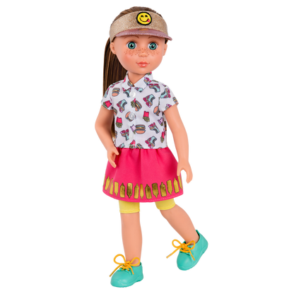 14-inch posable doll with brown hair and blue eyes