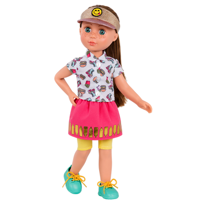 14-inch posable doll with brown hair and blue eyes