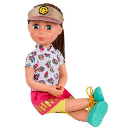 14-inch posable doll with brown hair and blue eyes
