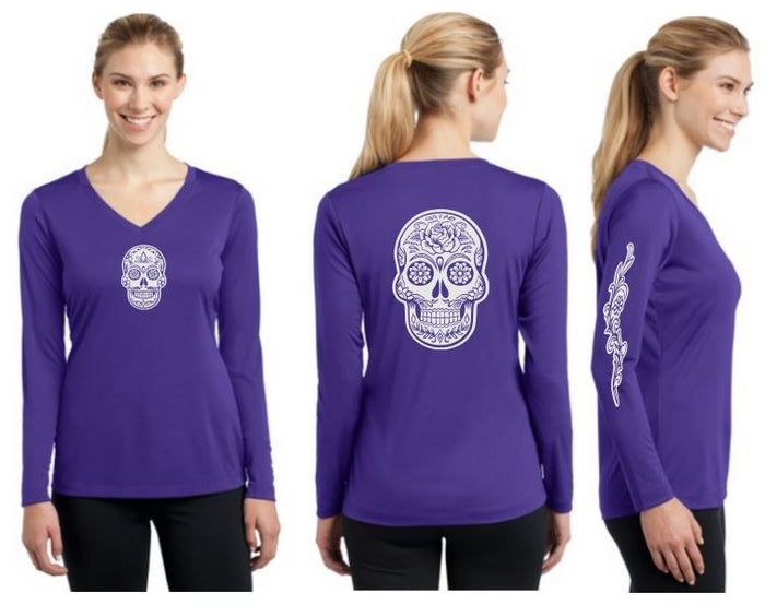 Sugar Skull Reflective V-Neck Long Sleeve - 100% Cotton