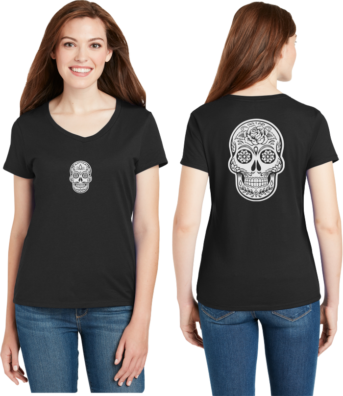 Sugar Skull Reflective V-Neck Tee - 100% Cotton