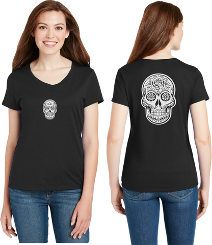 Sugar Skull Reflective V-Neck Tee - 100% Cotton