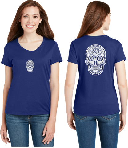 Sugar Skull Reflective V-Neck Tee - 100% Cotton