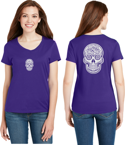 Sugar Skull Reflective V-Neck Tee - 100% Cotton