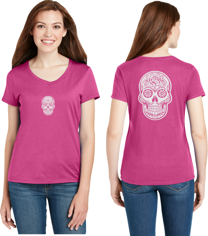 Sugar Skull Reflective V-Neck Tee - 100% Cotton