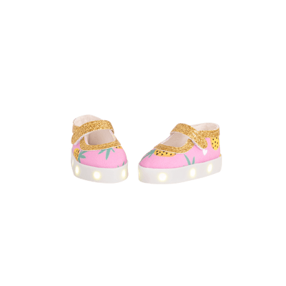 Pink and gold pineapple-printed light up shoes for 14-inch doll