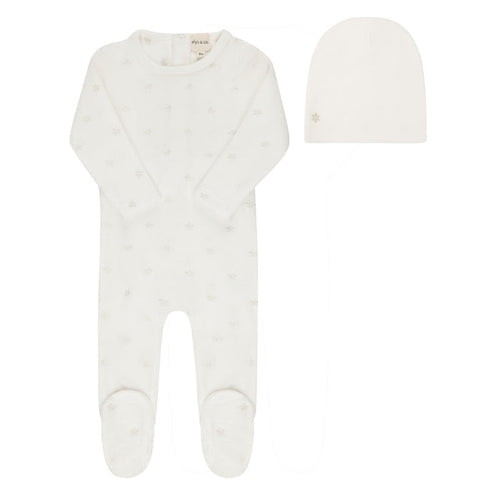Velour Embroidered Floral Collection - Footie + Beanie