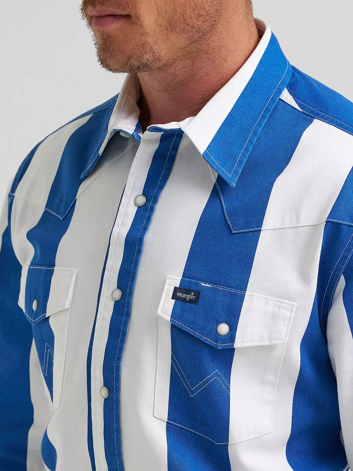 Wrangler Men's L/S Vintage Inspired Brushpopper Western Snap Work Shirt in Big Blue
